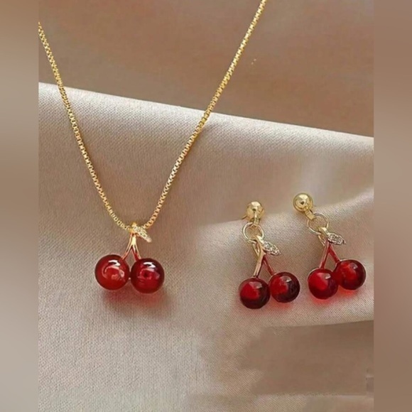 None Jewelry - 3-piece Cherry Pendant Collarbone Necklace and Earrings Set
